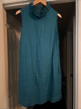 Draper James Linen Sleeveless Teal Ruffle-Neck Dress